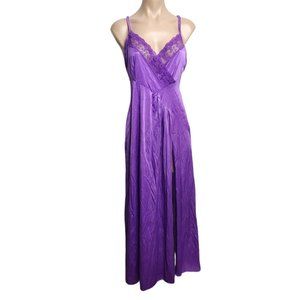 Vintage Undercover Wear Long Purple Nylon and Lace Night Gown Side Slit